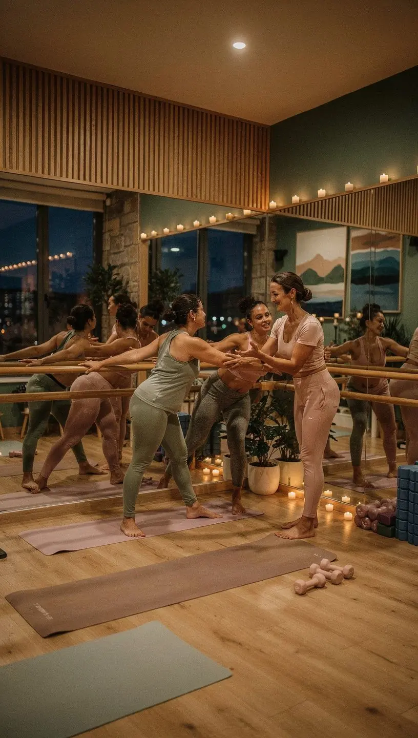 Un grupo de personas practicando pilates con elementos de danza, mostrando una clase dinámica y energética.