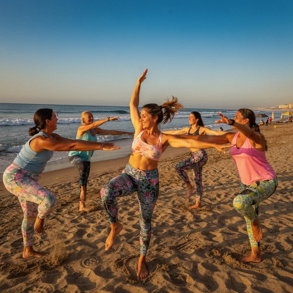 Un grupo de personas practicando pilates con elementos de danza, mostrando una clase dinámica y energética.