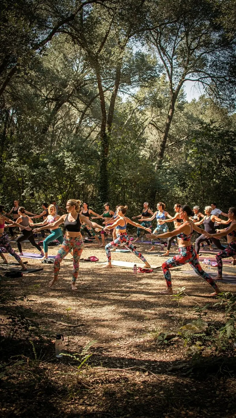 Un grupo de personas practicando pilates con elementos de danza, mostrando una clase dinámica y energética.