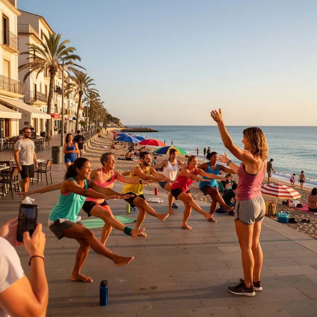 Un grupo de personas practicando pilates con elementos de danza, mostrando una clase dinámica y energética.