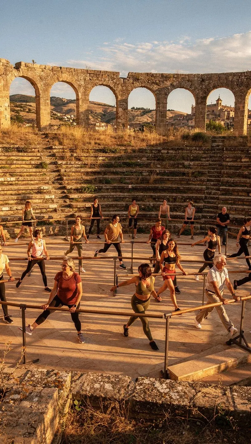 Un grupo de personas practicando pilates con elementos de danza, mostrando una clase dinámica y energética.