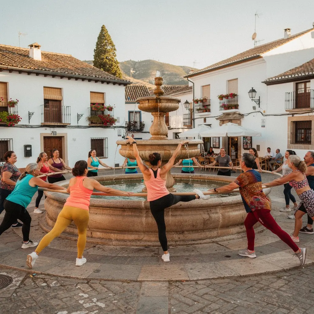 Un grupo de personas practicando pilates con elementos de danza, mostrando una clase dinámica y energética.